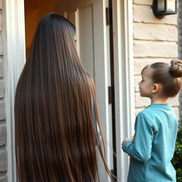 A charming scene featuring a mother and her son standing by the door, engaging in a conversation with their neighbor