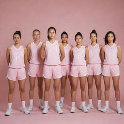 The 'Angelica Arrows', a super feminine women's basketball team wearing light pink, form-fitting shorts and jerseys, projecting an image of athletic grace and power.