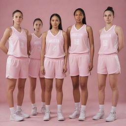 The 'Angelica Arrows', a super feminine women's basketball team wearing light pink, form-fitting shorts and jerseys, projecting an image of athletic grace and power.