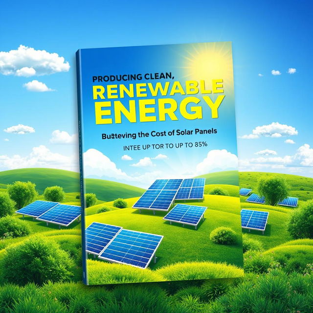 A captivating ebook cover design titled 'Producing Clean, Renewable Energy and Lowering the Cost of Solar Panels by Up to 85%'