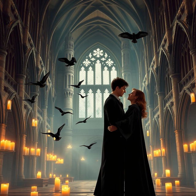 A magical scene featuring a couple standing together in the iconic Hogwarts School of Witchcraft and Wizardry