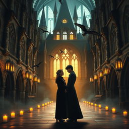 A magical scene featuring a couple standing together in the iconic Hogwarts School of Witchcraft and Wizardry