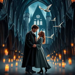 A magical scene featuring a couple standing together in the iconic Hogwarts School of Witchcraft and Wizardry