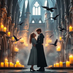 A magical scene featuring a couple standing together in the iconic Hogwarts School of Witchcraft and Wizardry