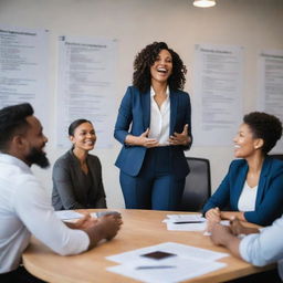 An inspiring image showcasing a dynamic coordinator with fervent body language, leading a multicultural team. They're in an open-concept office with inspirational quotes on the walls, and the team looks energized amidst brainstorming sessions