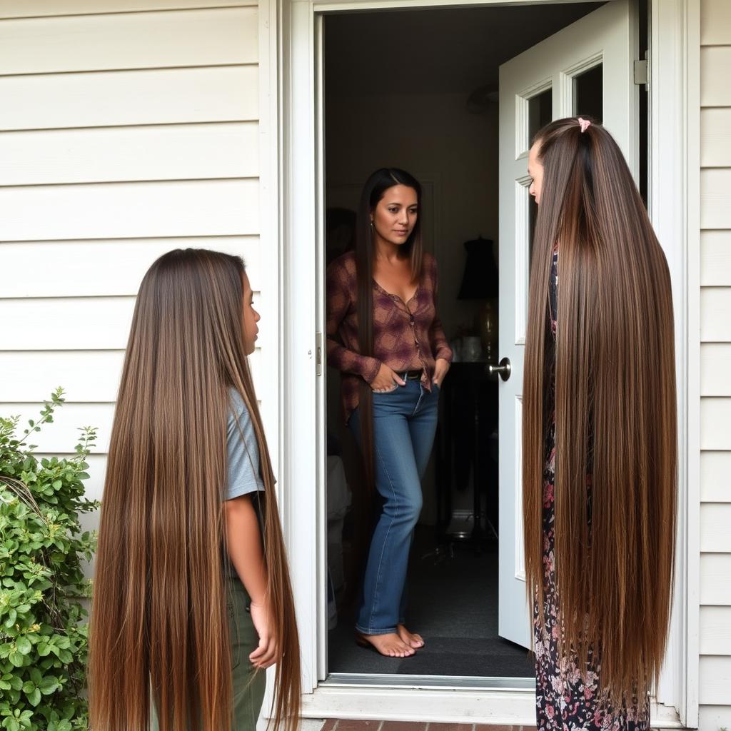 A boy stands at the door with his mother, who has very long, silky smooth hair flowing down freely, not tied up