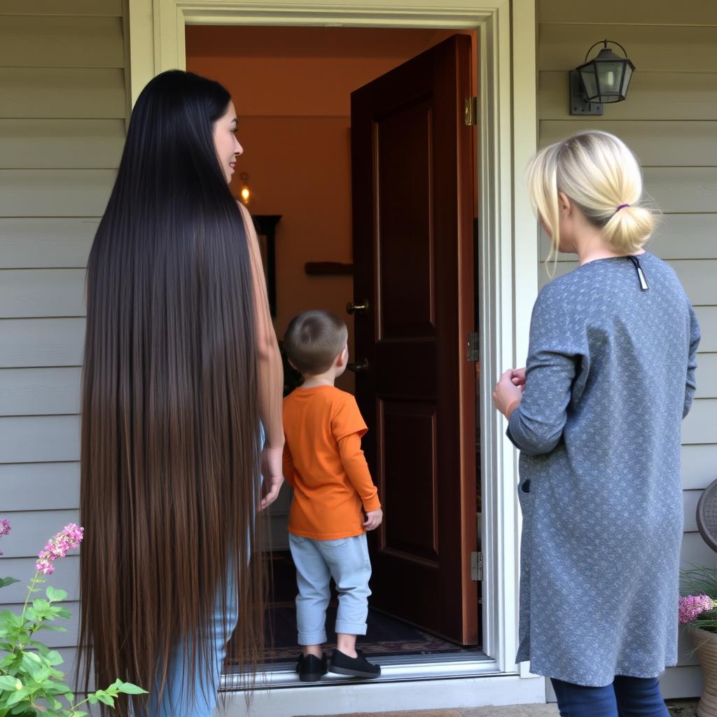 A boy stands at the door with his mother, who has very long, silky smooth hair flowing down freely, not tied up