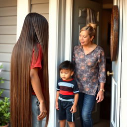 A boy stands at the door with his mother, who has very long, silky smooth hair flowing down freely, not tied up