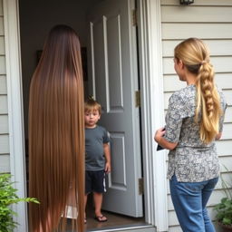 A boy stands at the door with his mother, who has very long, silky smooth hair flowing down freely, not tied up