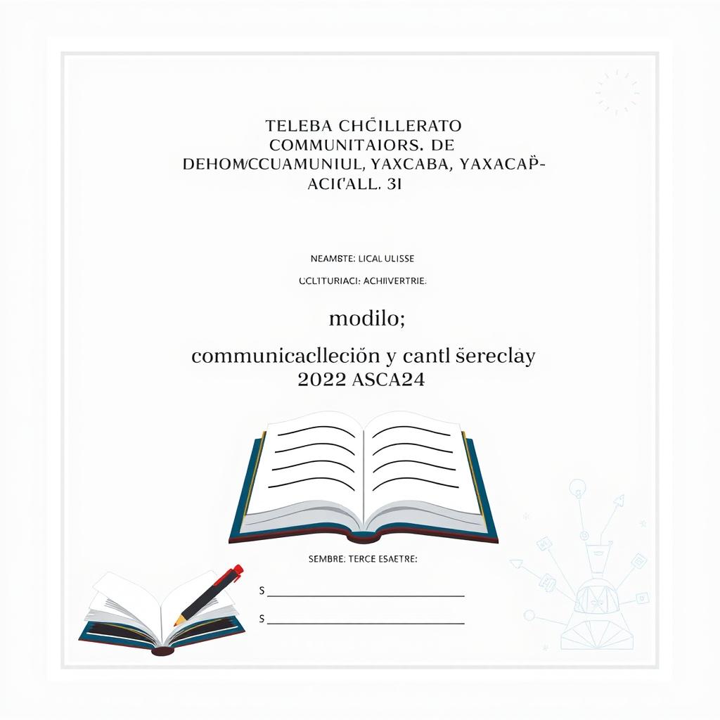 A formal and academic cover page design for a school document with the following details: 'Telebachillerato Comunitario de Tiholop, Yaxcabá, Yucatán', 'Módulo: Lengua, Comunicación y Cultura Digital 3', 'Docente: Lic