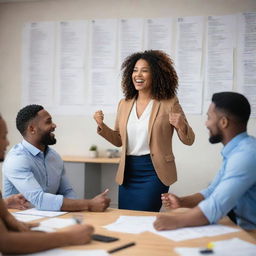 An inspiring image showcasing a dynamic coordinator with fervent body language, leading a multicultural team. They're in an open-concept office with inspirational quotes on the walls, and the team looks energized amidst brainstorming sessions