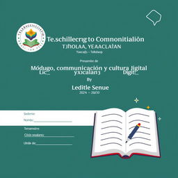 A formal and academic cover page design for a school document with the following details: 'Telebachillerato Comunitario de Tiholop, Yaxcabá, Yucatán', 'Módulo: Lengua, Comunicación y Cultura Digital 3', 'Docente: Lic