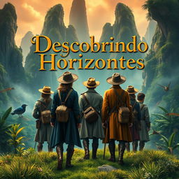 An intriguing adventure book cover featuring a diverse group of young explorers from behind, embarking on a journey in a lush, vibrant new world