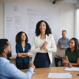 An inspiring image showcasing a dynamic coordinator with fervent body language, leading a multicultural team. They're in an open-concept office with inspirational quotes on the walls, and the team looks energized amidst brainstorming sessions