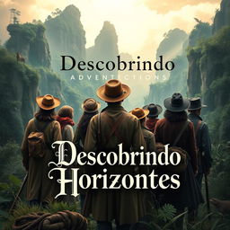 An intriguing adventure book cover featuring a diverse group of young explorers from behind, embarking on a journey in a lush, vibrant new world