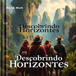 An intriguing adventure book cover featuring a diverse group of young explorers from behind, embarking on a journey in a lush, vibrant new world