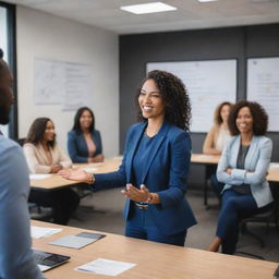 An inspiring image showcasing a dynamic coordinator with fervent body language, leading a multicultural team. They're in an open-concept office with inspirational quotes on the walls, and the team looks energized amidst brainstorming sessions