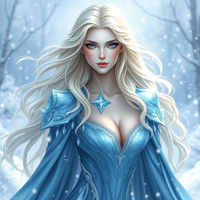 A majestic ice queen with long, flowing blonde hair and an elegant icy blue gown, standing gracefully amidst a winter wonderland