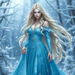 A majestic ice queen with long, flowing blonde hair and an elegant icy blue gown, standing gracefully amidst a winter wonderland