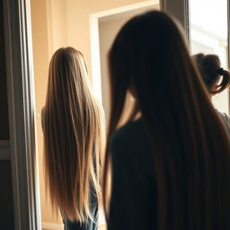 A scene where a mother with very long, smooth, and flowing hair is standing inside the house by the door, talking to her neighbor