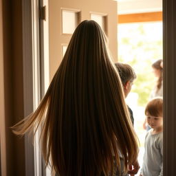 A scene where a mother with very long, smooth, and flowing hair is standing inside the house by the door, talking to her neighbor