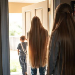 A scene where a mother with very long, smooth, and flowing hair is standing inside the house by the door, talking to her neighbor