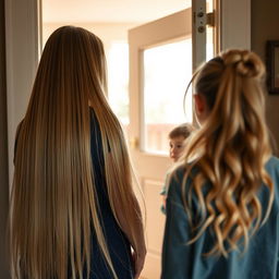 A scene where a mother with very long, smooth, and flowing hair is standing inside the house by the door, talking to her neighbor