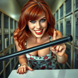 An extreme close-up of a sexy redhead bending over a counter, dressed in a floral sundress that reveals a hint of cleavage