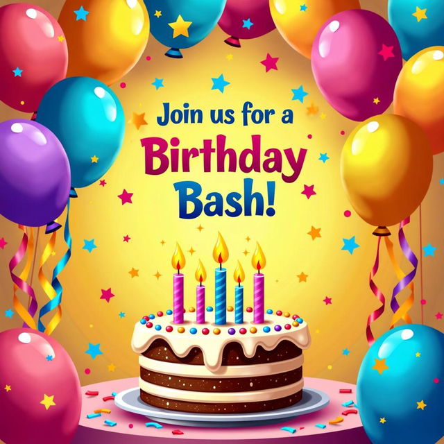 Colorful and festive birthday party invitation featuring vibrant balloons, a cheerful cake with lit candles, and streamers