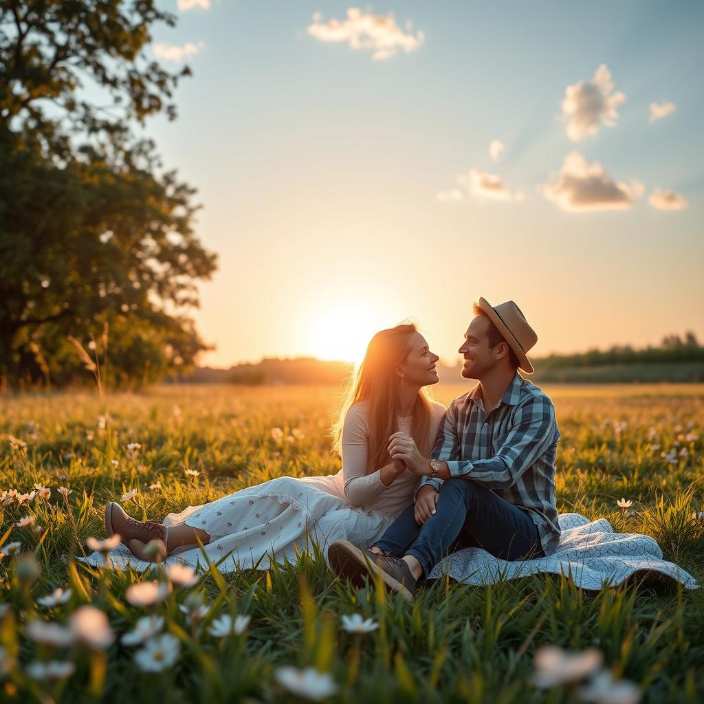 A romantic scene featuring a couple in a picturesque setting