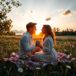 A romantic scene featuring a couple in a picturesque setting