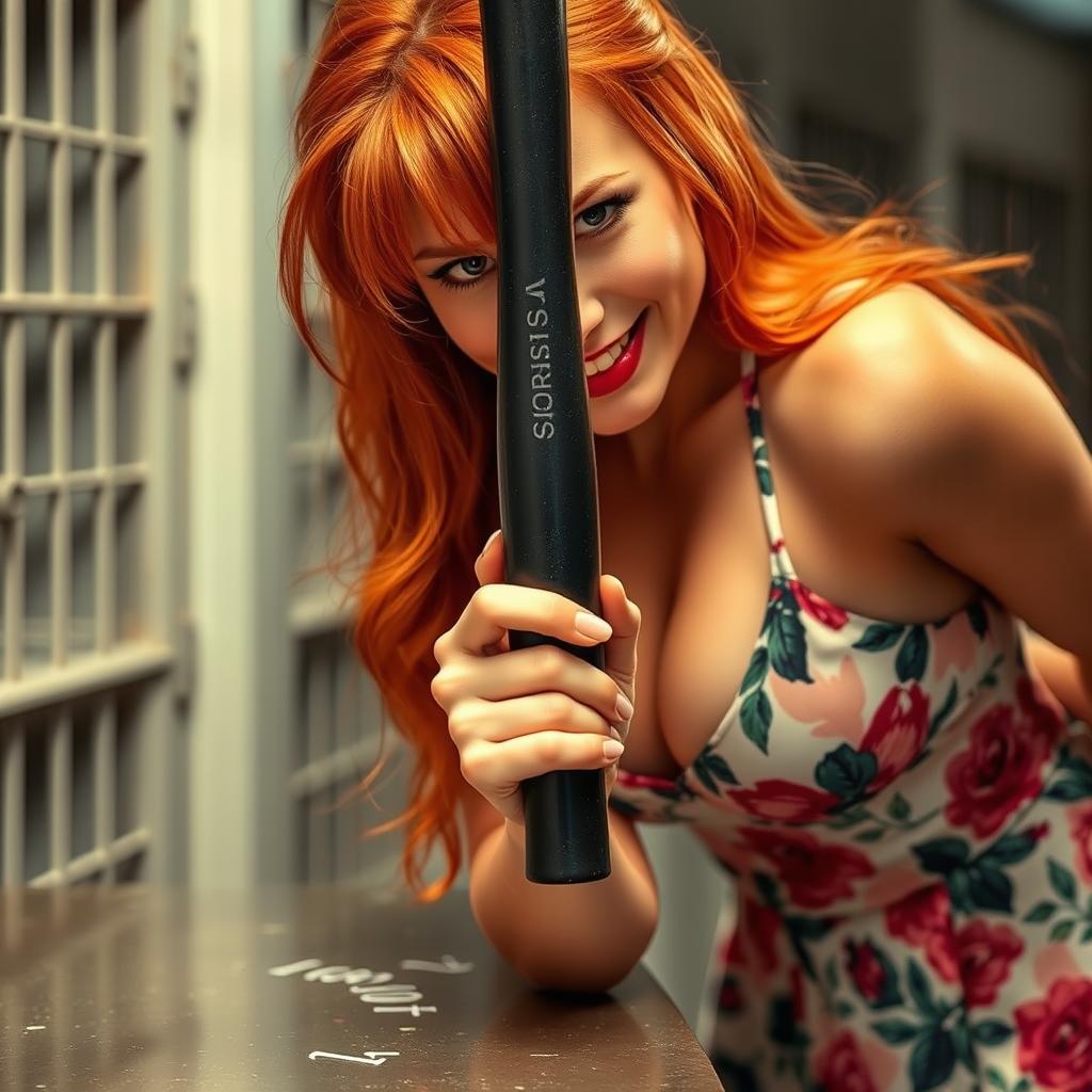 A close-up of a sexy redhead bending over a counter, draped in a floral sundress that highlights her cleavage