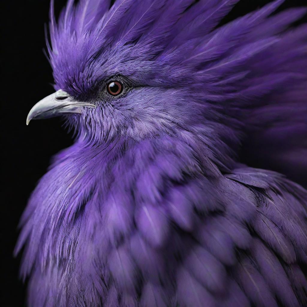 A close-up image of a bird with plumage glowing in ultra violet tones, highlighting the intricate feather details and the bird's regal stance.