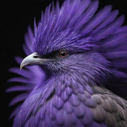 A close-up image of a bird with plumage glowing in ultra violet tones, highlighting the intricate feather details and the bird's regal stance.