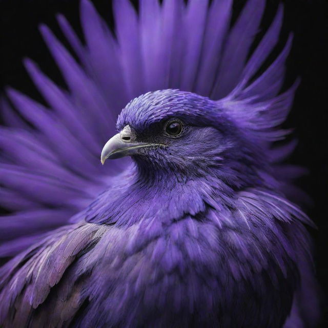 A close-up image of a bird with plumage glowing in ultra violet tones, highlighting the intricate feather details and the bird's regal stance.