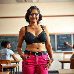 In a classroom setting, a confident and mature Indian teacher with a large bust, wears a stylish black bra matched with vibrant pink jeans