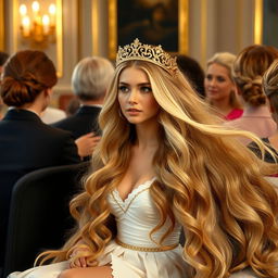 A beautiful princess named Sasa with extremely long and soft hair flowing freely, adorned with a golden crown