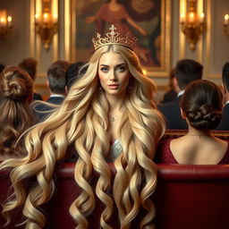 A beautiful princess named Sasa with extremely long and soft hair flowing freely, adorned with a golden crown