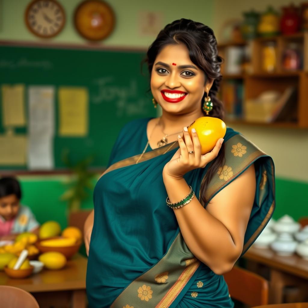 Beautiful Indian teacher with voluptuous curves, eating a ripe and juicy mango with a delightful expression