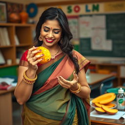 Beautiful Indian teacher with voluptuous curves, eating a ripe and juicy mango with a delightful expression