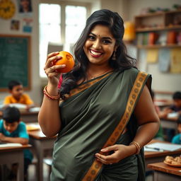 Beautiful Indian teacher with voluptuous curves, eating a ripe and juicy mango with a delightful expression