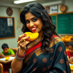 Beautiful Indian teacher with voluptuous curves, eating a ripe and juicy mango with a delightful expression