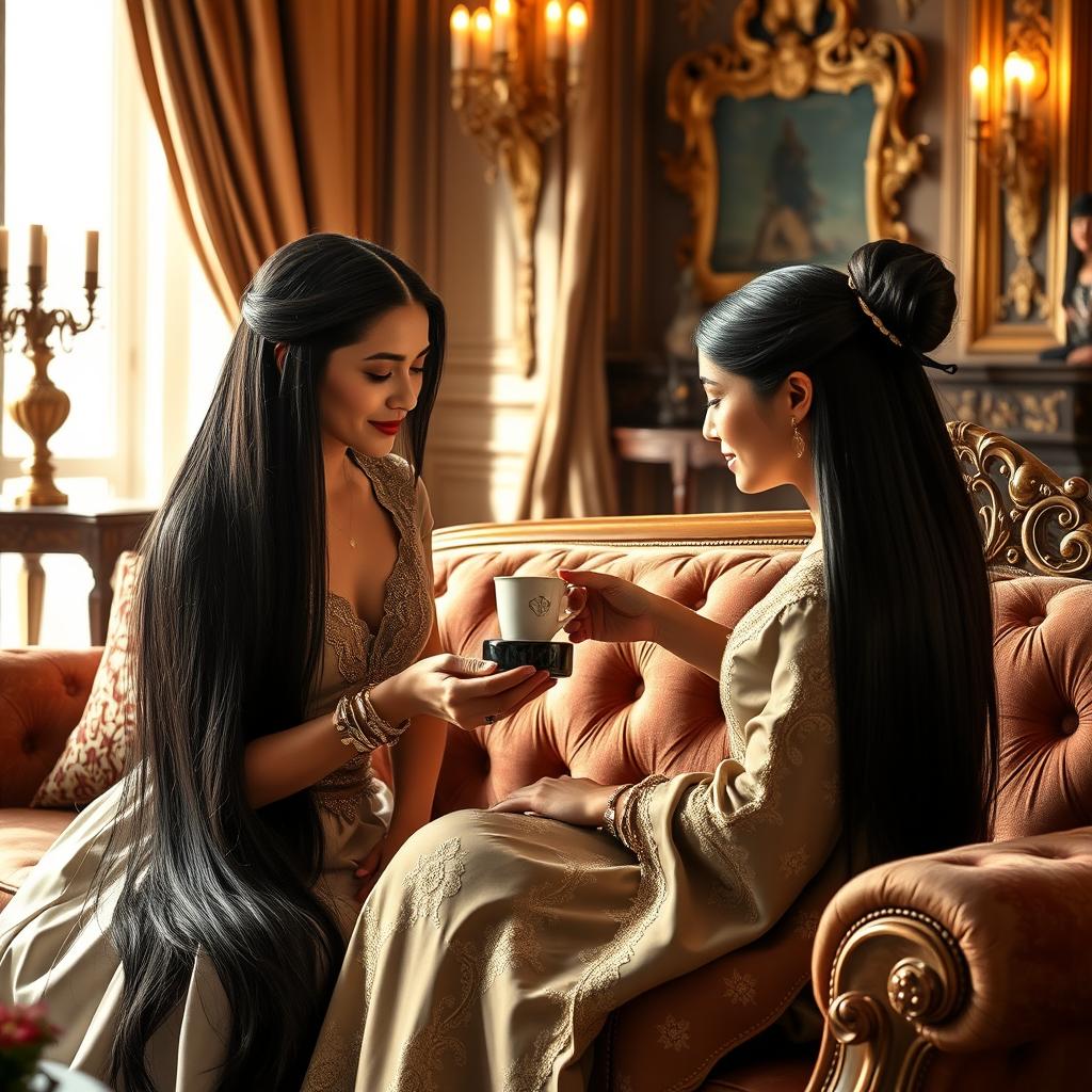 A regal scene featuring a mother with very long, sleek, and unbound black hair, tending to Princess Sasa