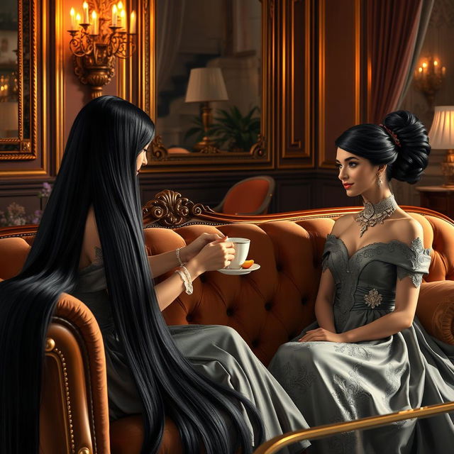 A regal scene featuring a mother with very long, sleek, and unbound black hair, tending to Princess Sasa