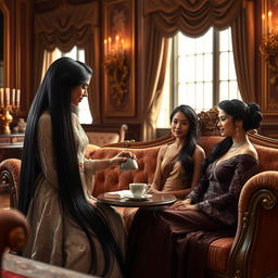 A regal scene featuring a mother with very long, sleek, and unbound black hair, tending to Princess Sasa