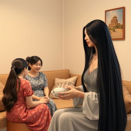 A mother resembling Princess Sasa with very long, silky black hair, hanging loose and not tied