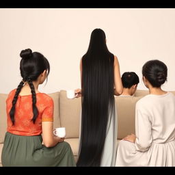 A mother resembling Princess Sasa with very long, silky black hair, hanging loose and not tied