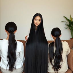 A mother resembling Princess Sasa with very long, silky black hair, hanging loose and not tied