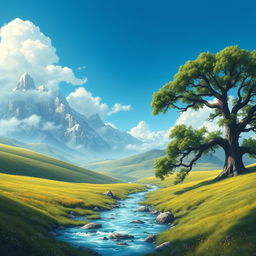 A beautifully detailed artistic fantasy landscape with rolling green hills under a bright, clear blue sky