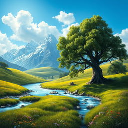 A beautifully detailed artistic fantasy landscape with rolling green hills under a bright, clear blue sky